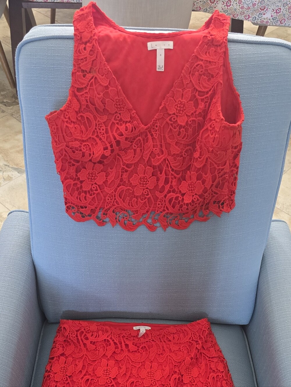 Red 2 Piece Set Mini Skirt And Tank Top- Feminine Lace Detail